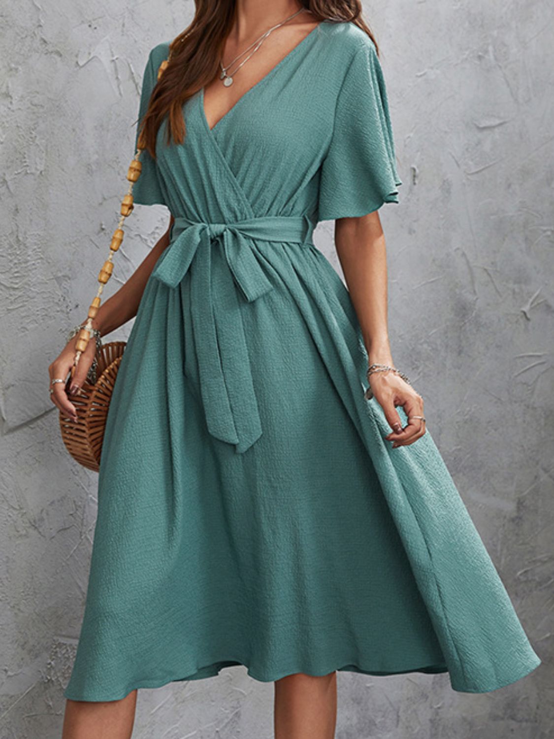 V-Neck Flutter Sleeve Midi Dress - TNT Trends