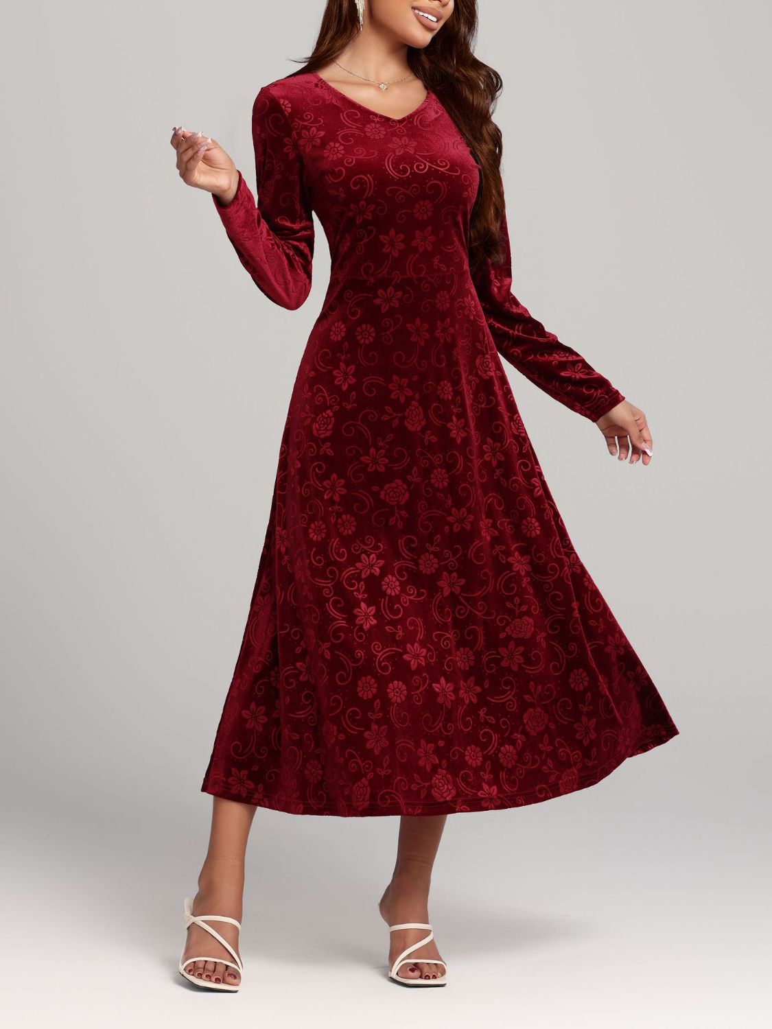 V - Neck Floral Print Long Sleeve Midi Dress - TNT Dress Co.