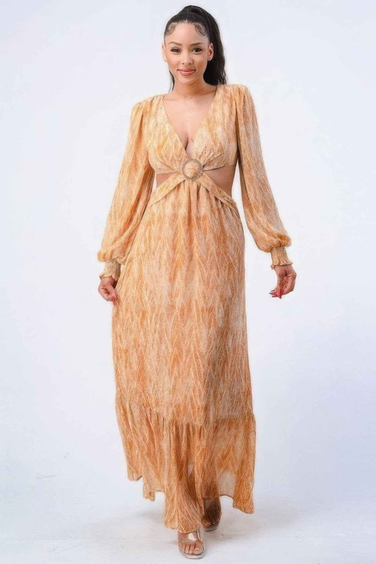 Printed V Neck Ruffled Maxi Dress