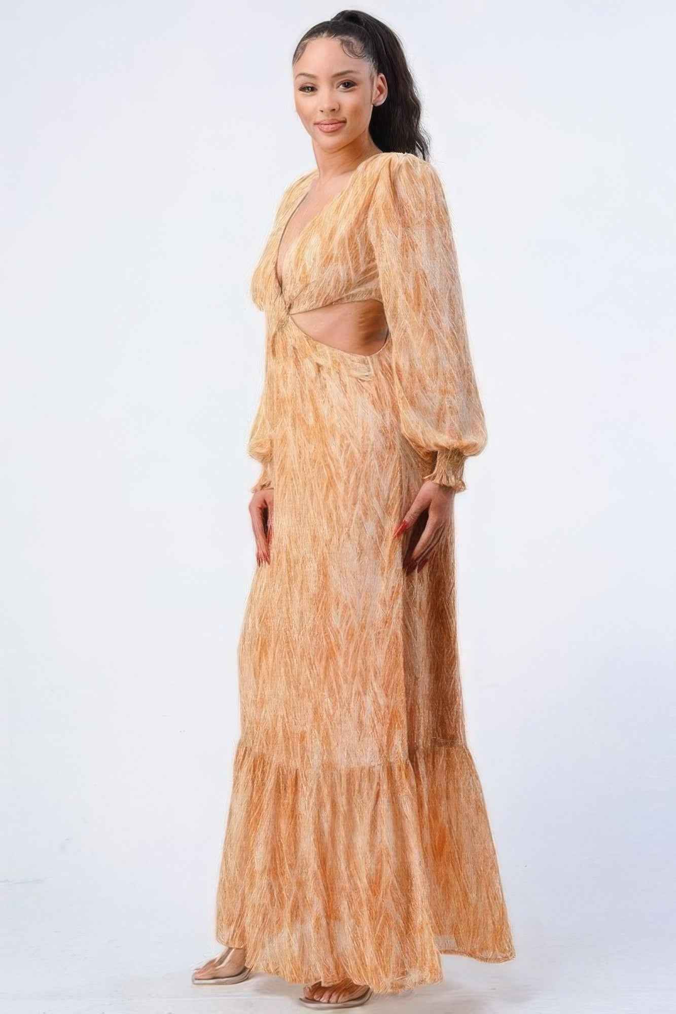 Printed V Neck Ruffled Maxi Dress