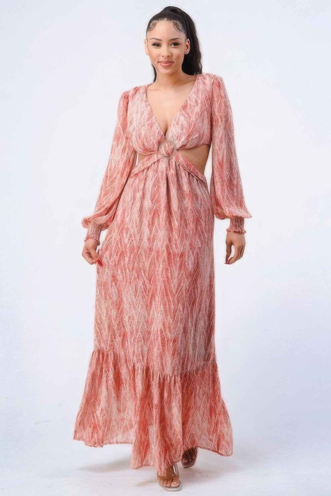 Printed V Neck Ruffled Maxi Dress