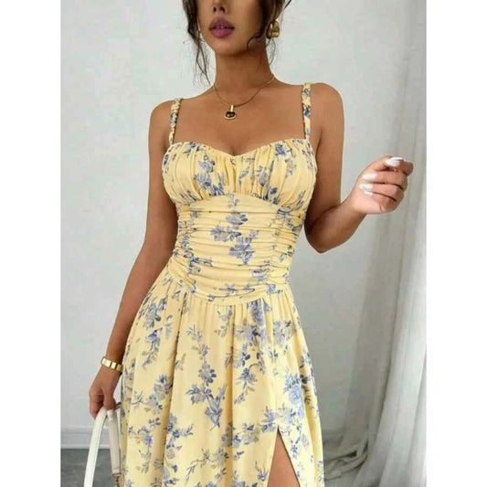 Floral Print Front High Slit Dress