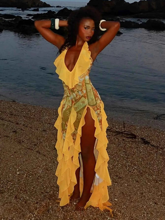 V Neck Ruffled Maxi Dress With High Side Slit