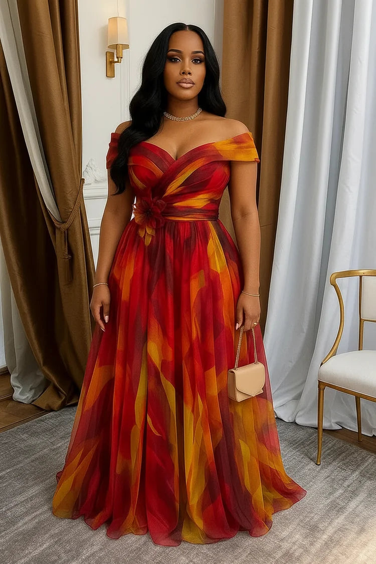 Off Shoulder Printed Maxi Gown With Front Slit