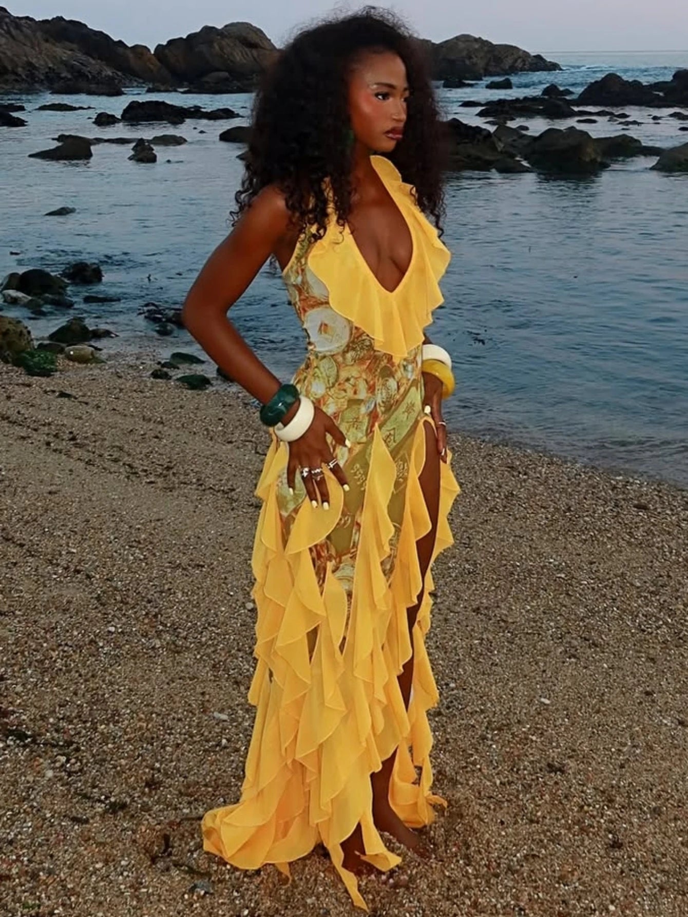 V Neck Ruffled Maxi Dress With High Side Slit