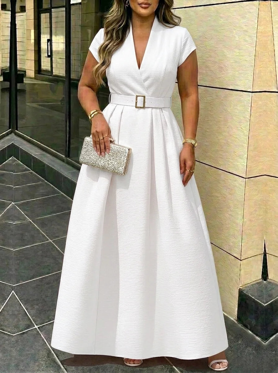 Short Sleeve Belted Maxi Gown Dress