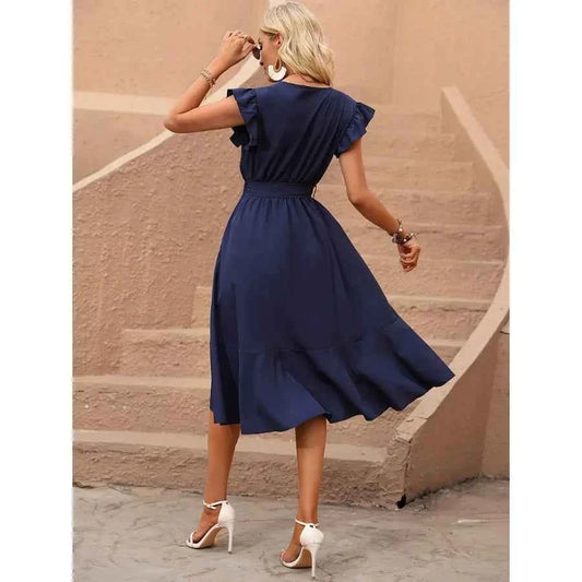 Solid Ruffle Trim Belted Wrap Dress
