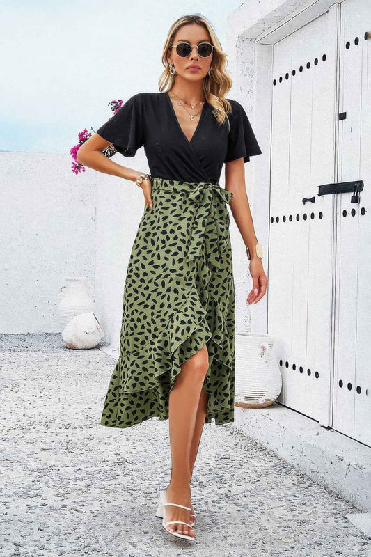 V Neck Cross Color Block Print Dress