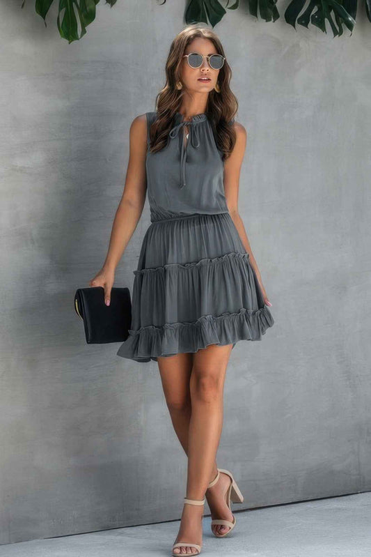 Sleeveless Tie Neck Tiered Layer Dress