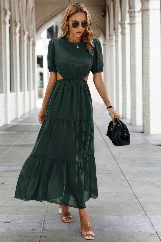 Cut Out Waist Ruffle Hem Short Sleeve Dress