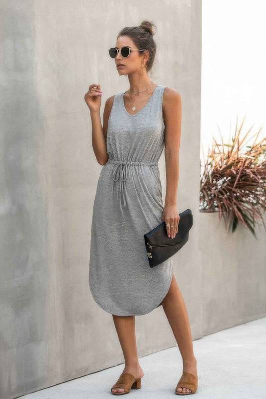 Solid Sleeveless V-Neck Midi Dress