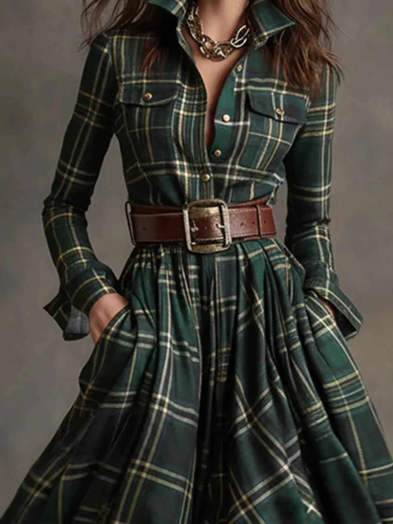 Plaid Button Front Maxi Shirt Dress