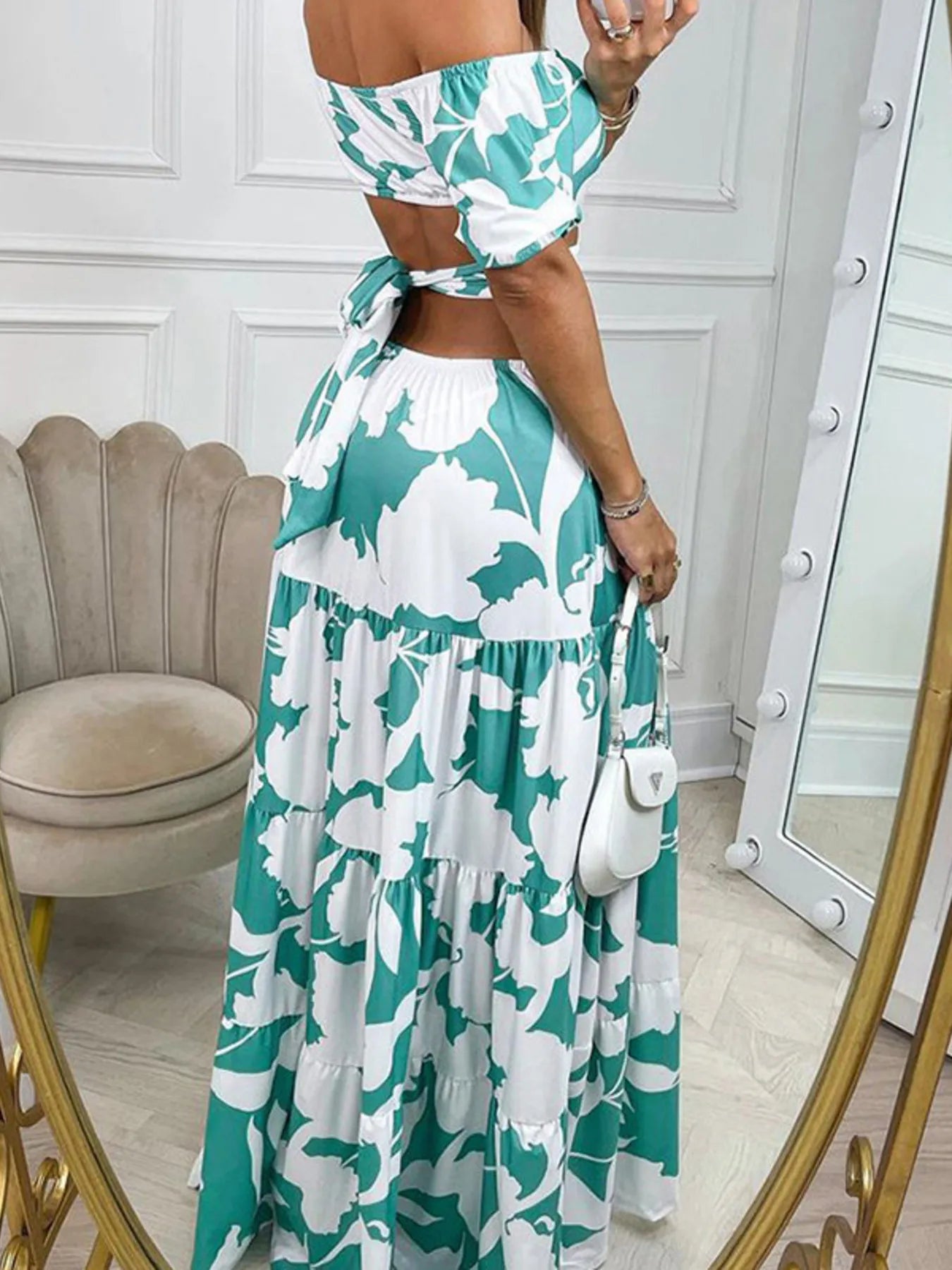 Full Size Cutout Off - Shoulder Printed Maxi Dress Plus Size - TNT Dress Co.