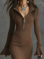 Ribbed Knit Zip Front Flare Hem Midi Dress
