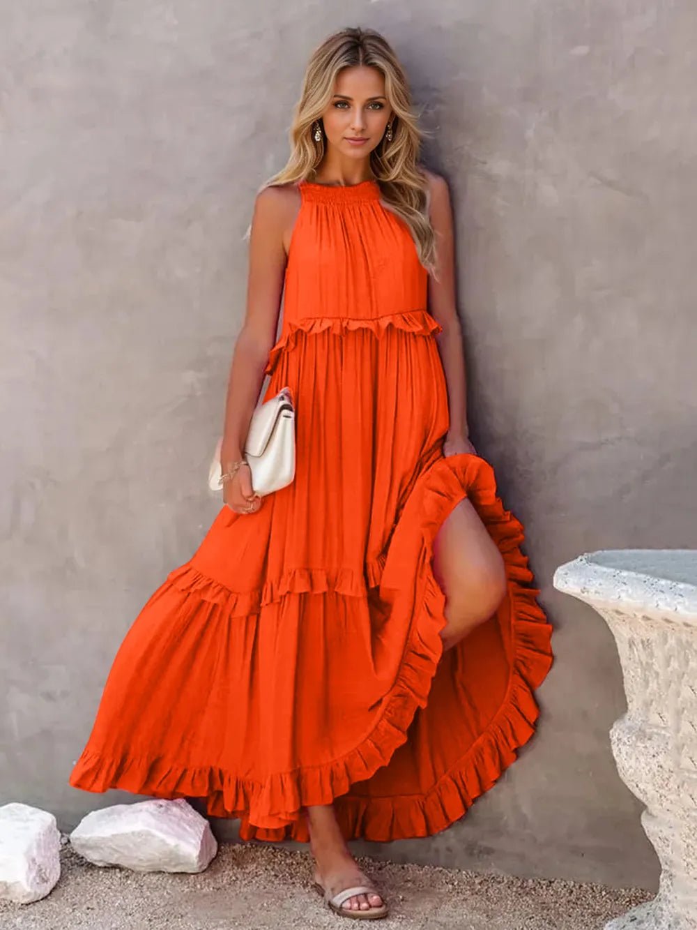 Ruffled Sleeveless Tiered Maxi Dress with Pockets - TNT Dress Co.
