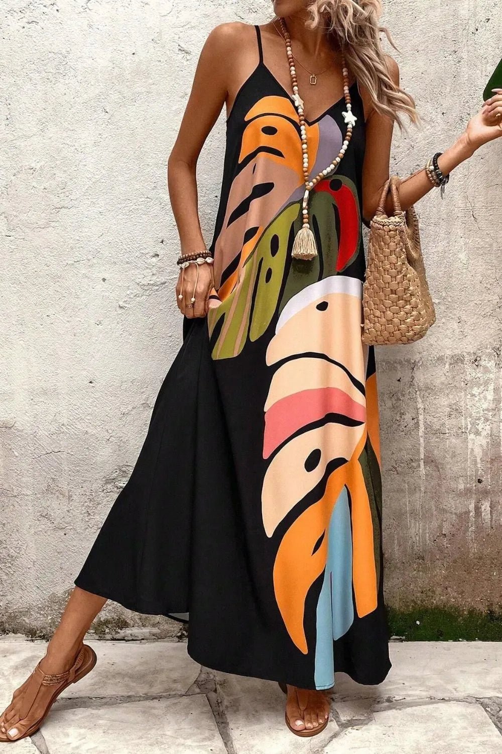 Tropical Leaf Print V - Neck Maxi Cami Dress - TNT Dress Co.