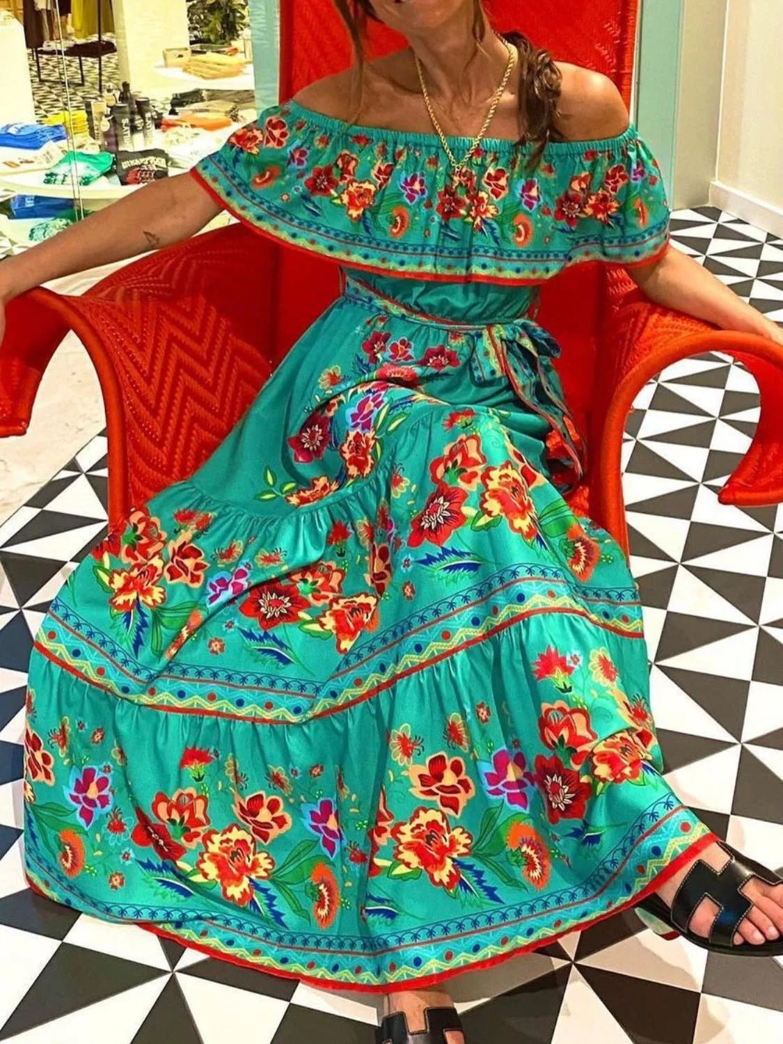 Floral Off Shoulder Ruffle Maxi Dress - TNT Dress Co.