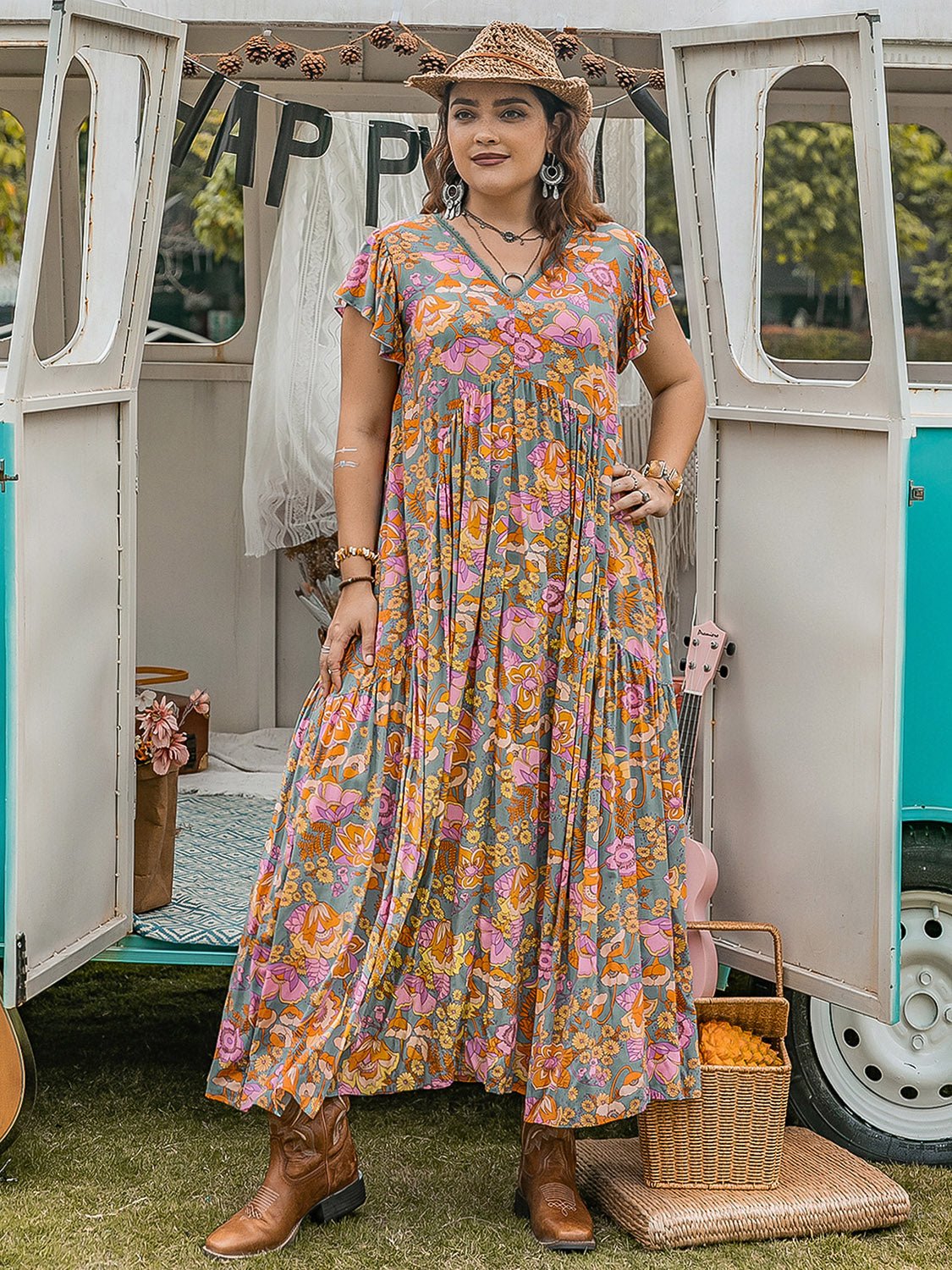 Plus Size Ruffled Cap Sleeve Printed Dress - TNT Dress Co.