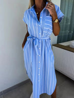 Striped Tie Waist Short Sleeve Dress - TNT Dress Co.
