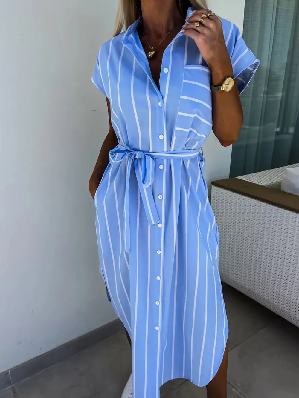 Striped Tie Waist Short Sleeve Dress - TNT Dress Co.