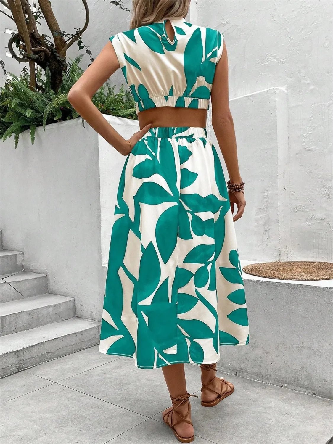 Cutout Printed Cap Sleeve Midi Dress - TNT Dress Co.