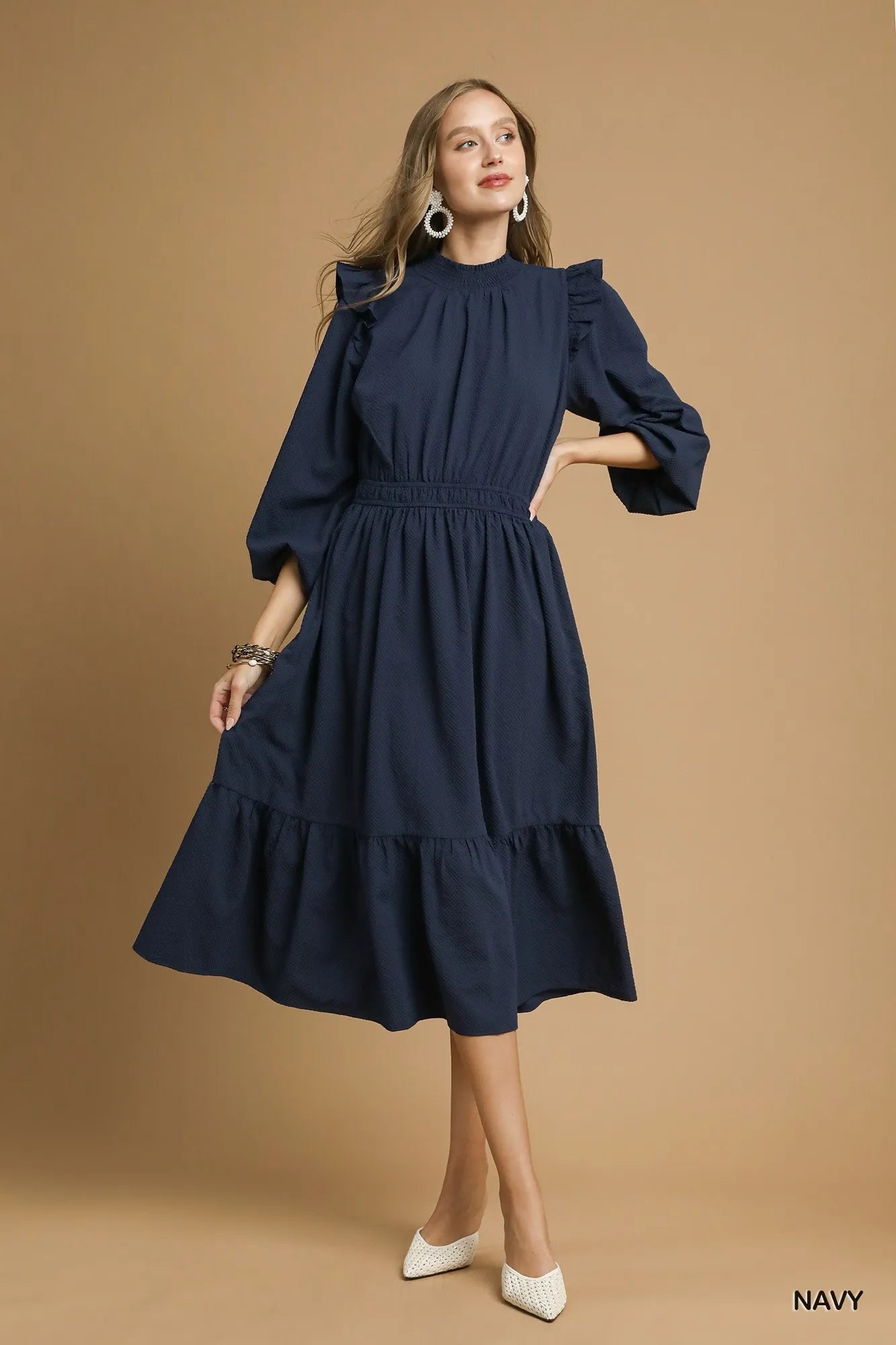 Midi Dress with Ruffle Shoulder - The Nicole - Tayan Dress Co.