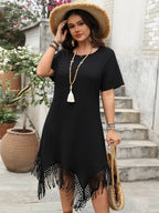 Plus Size Fringe Round Neck Short Sleeve Midi Tee Dress - TNT Dress Co.