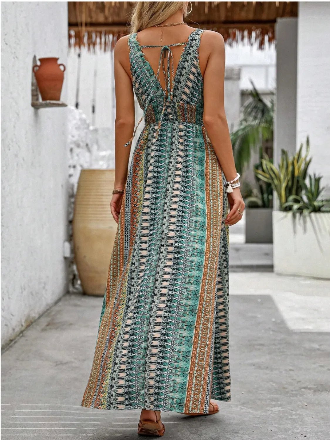 Tied Back Printed Sleeveless Maxi Slit Dress - TNT Dress Co.