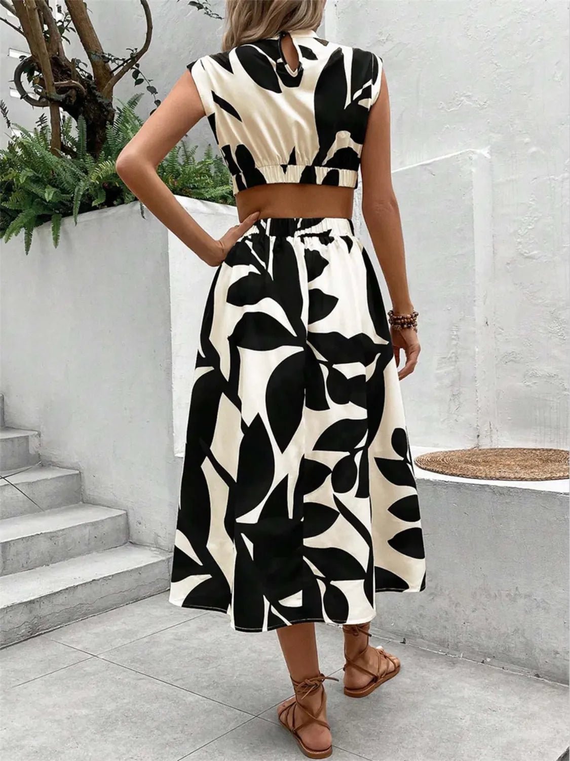 Cutout Printed Cap Sleeve Midi Dress - TNT Dress Co.