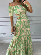 Full Size Cutout Off - Shoulder Printed Maxi Dress Plus Size - TNT Dress Co.
