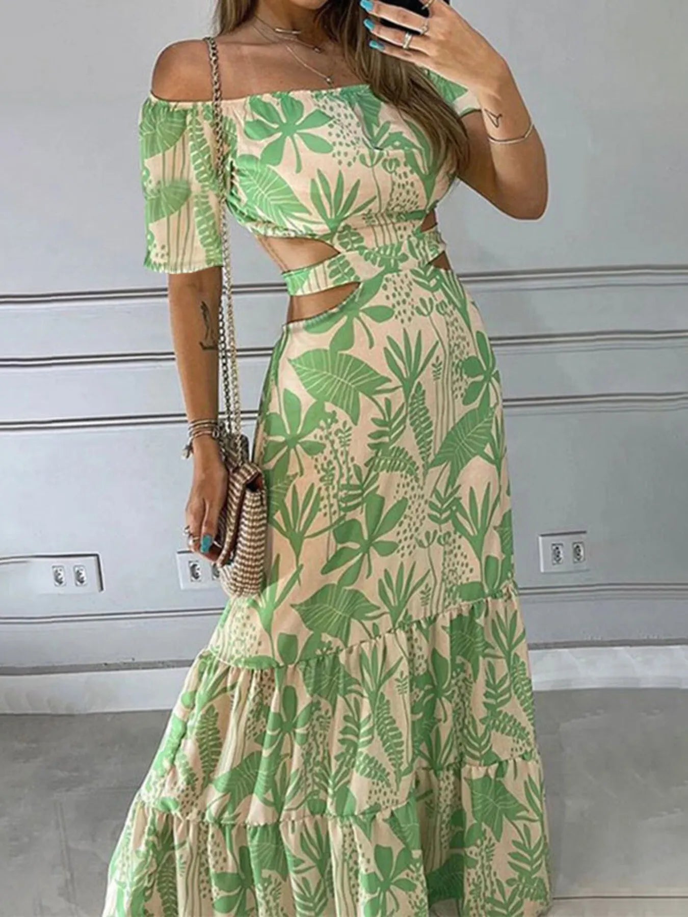 Full Size Cutout Off - Shoulder Printed Maxi Dress Plus Size - TNT Dress Co.