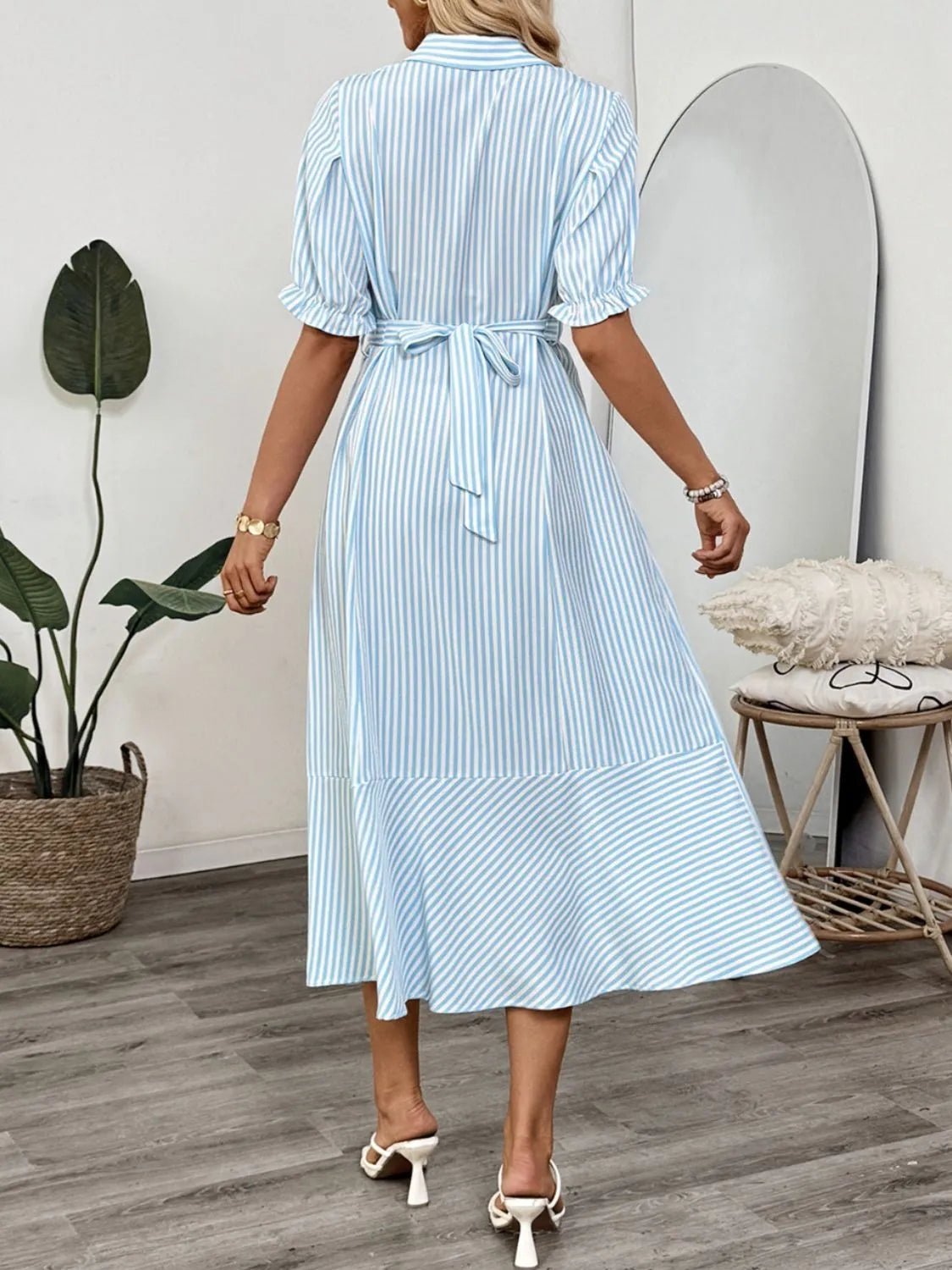 Striped Button - Down Midi Shirt Dress with Ruffle Sleeves - TNT Dress Co.