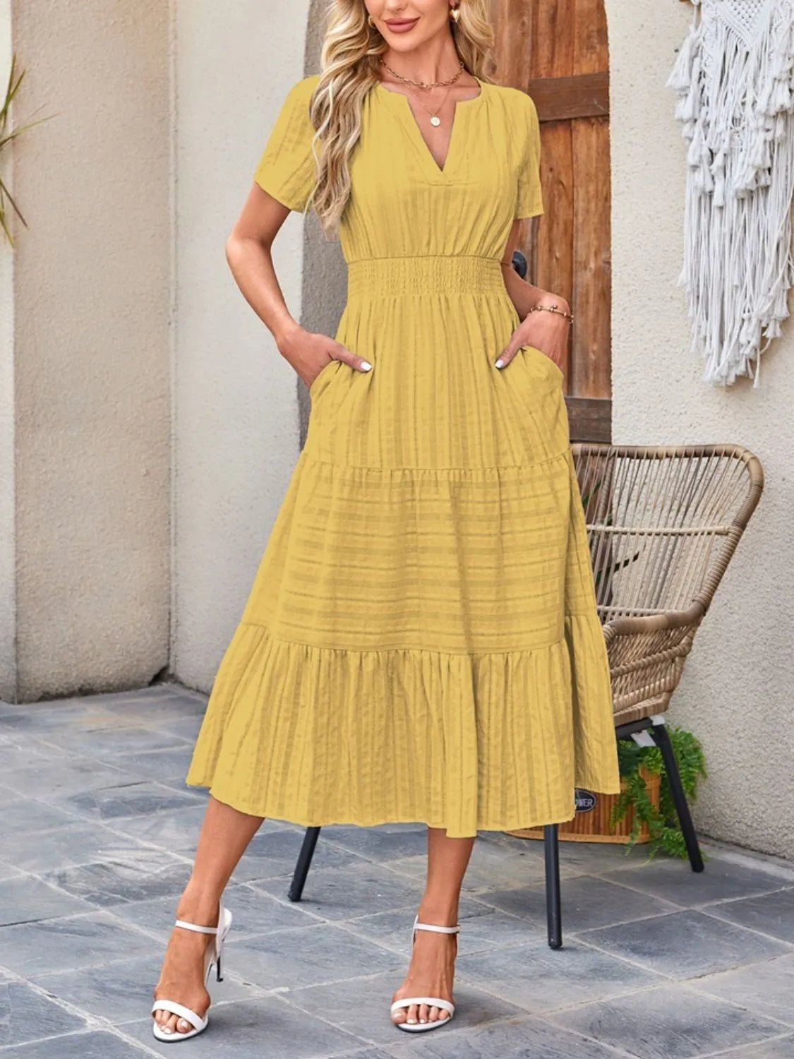 Tiered Notched Short Sleeve Dress - TNT Dress Co.