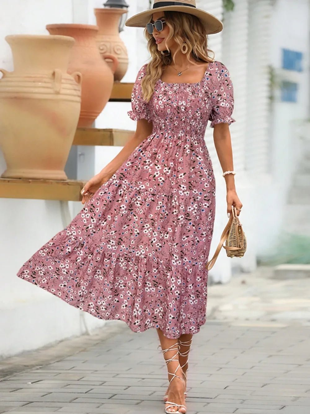Floral Square Neck Short Sleeve Tiered Dress - TNT Dress Co.