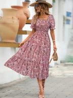 Floral Square Neck Short Sleeve Tiered Dress - TNT Dress Co.