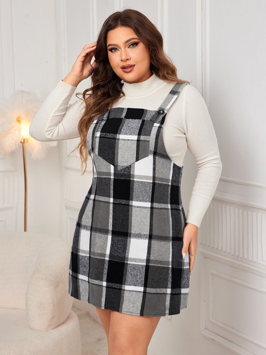 Plus Size Honey Plaid Wide Strap Overall Dress - TNT Dress Co.