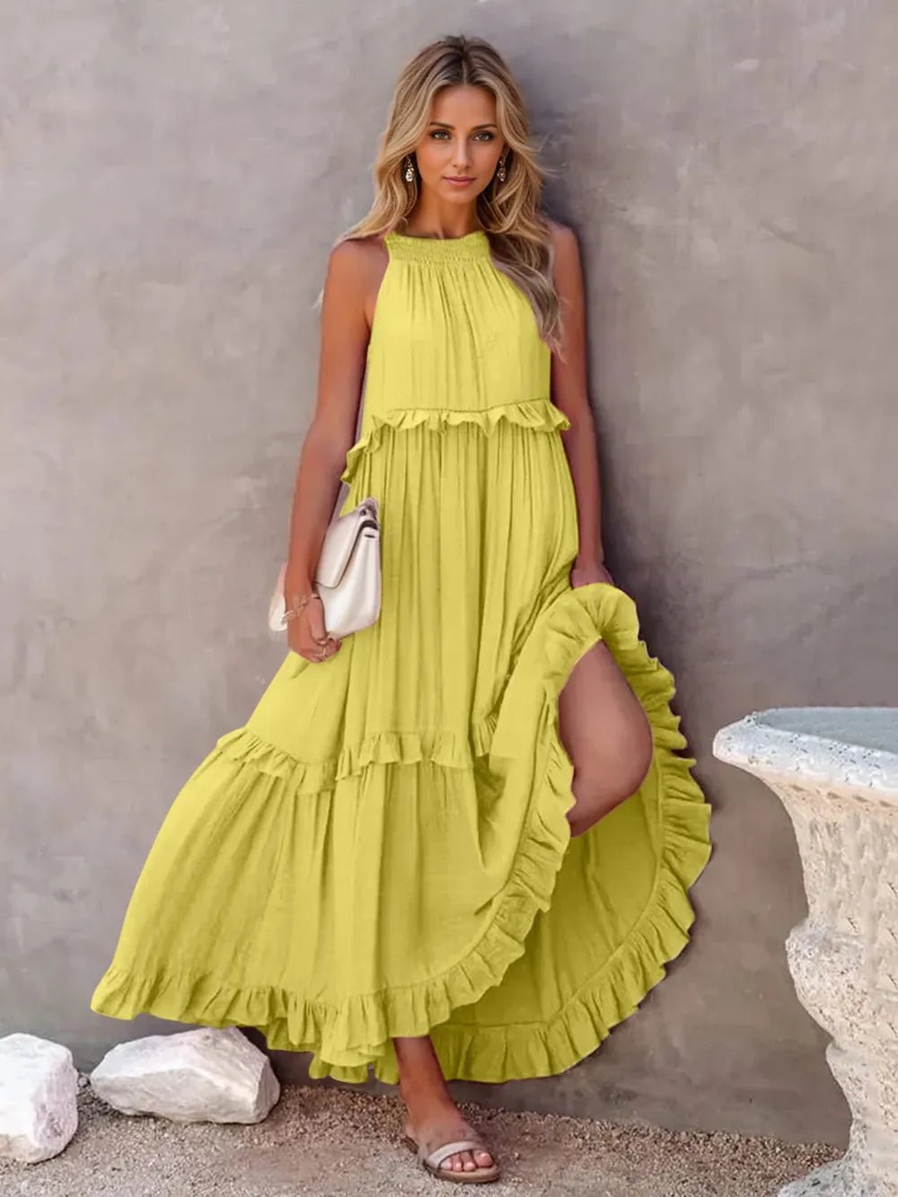 Ruffled Sleeveless Tiered Maxi Dress with Pockets - TNT Dress Co.