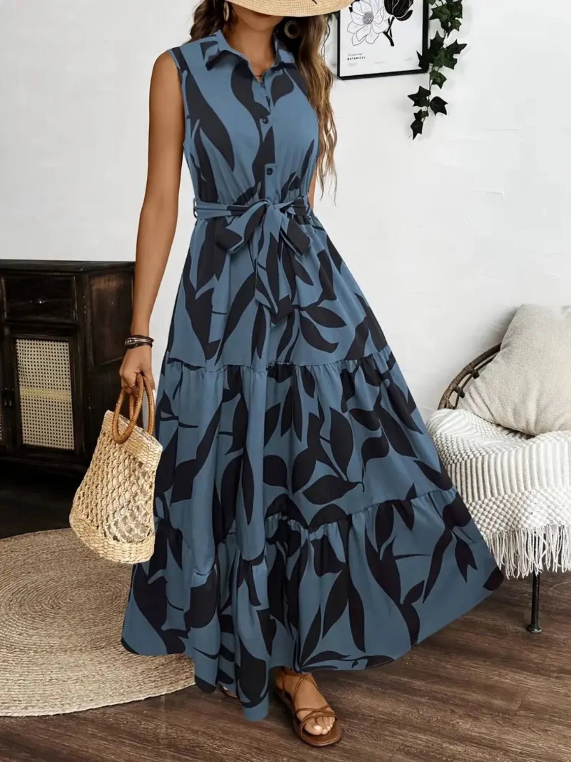 Printed Tie Waist Sleeveless Maxi Dress - TNT Dress Co.