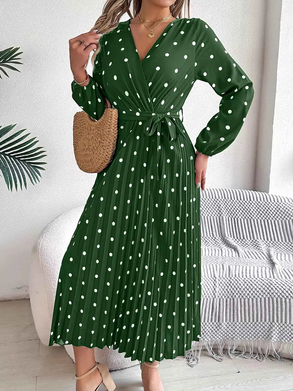 Long Sleeve Midi Pleated Dress