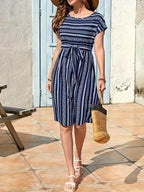 Striped Round Neck Short Sleeve Casual Dress - TNT Dress Co.