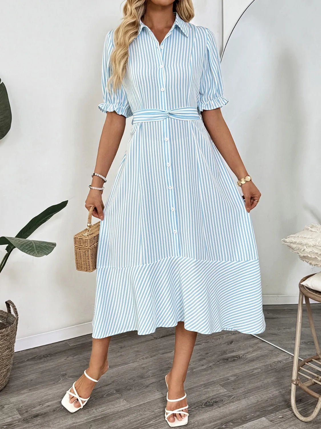 Striped Button - Down Midi Shirt Dress with Ruffle Sleeves - TNT Dress Co.