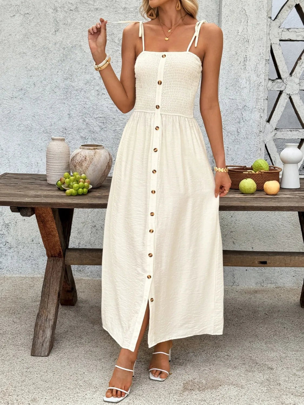Smocked Button Front Tie Shoulder Dress - TNT Dress Co.