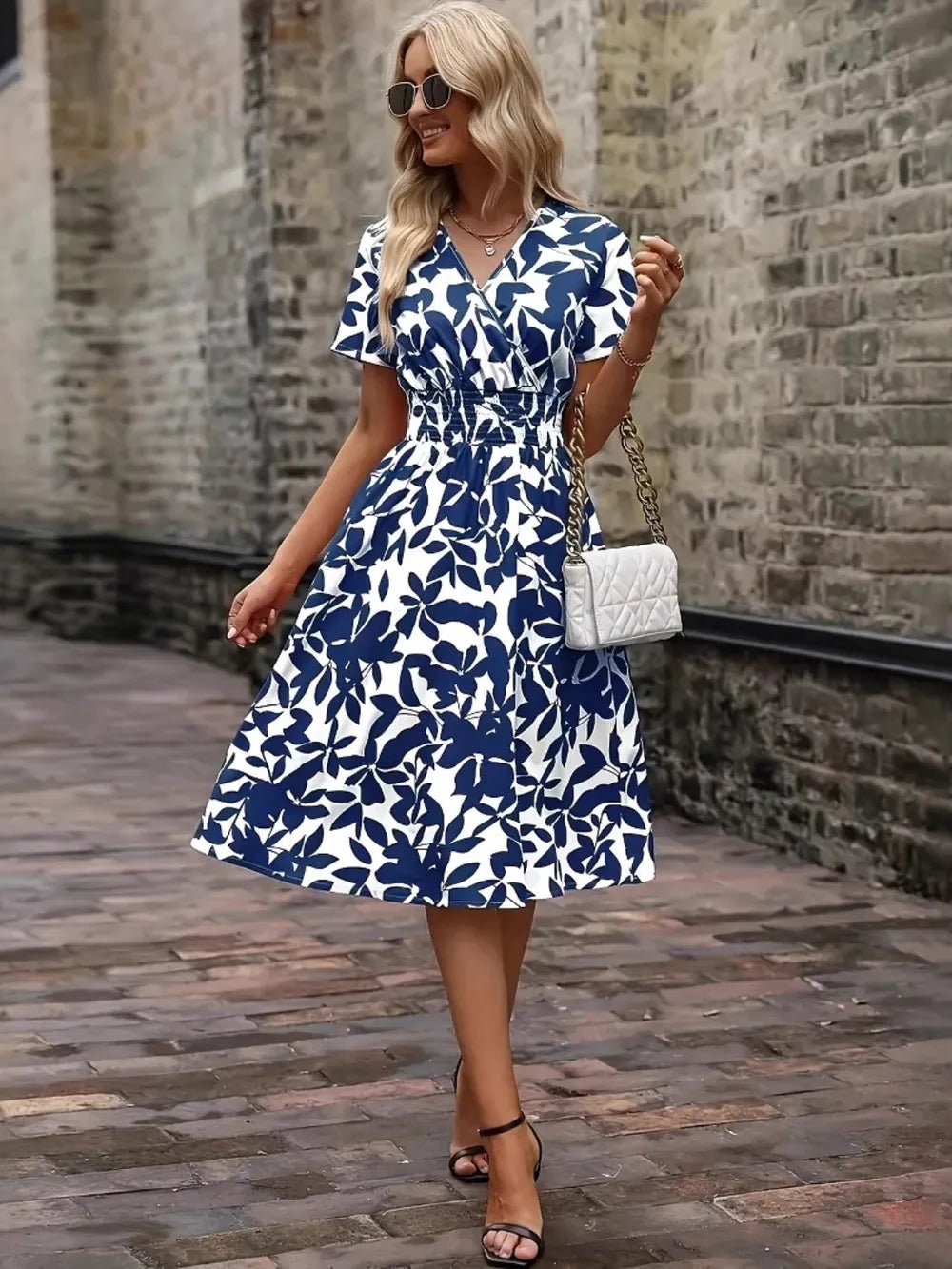 Printed Smocked Surplice Short Sleeve Dress - TNT Dress Co.