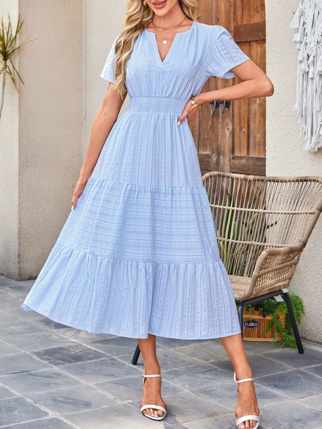 Tiered Notched Short Sleeve Dress - TNT Dress Co.