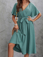 V - Neck Flutter Sleeve Midi Dress - TNT Dress Co.