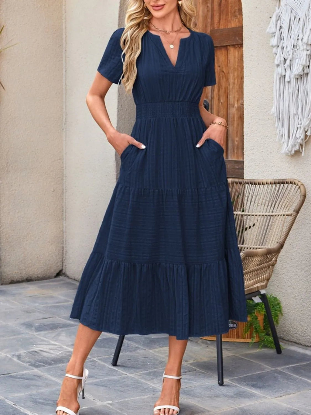 Tiered Notched Short Sleeve Dress - TNT Dress Co.