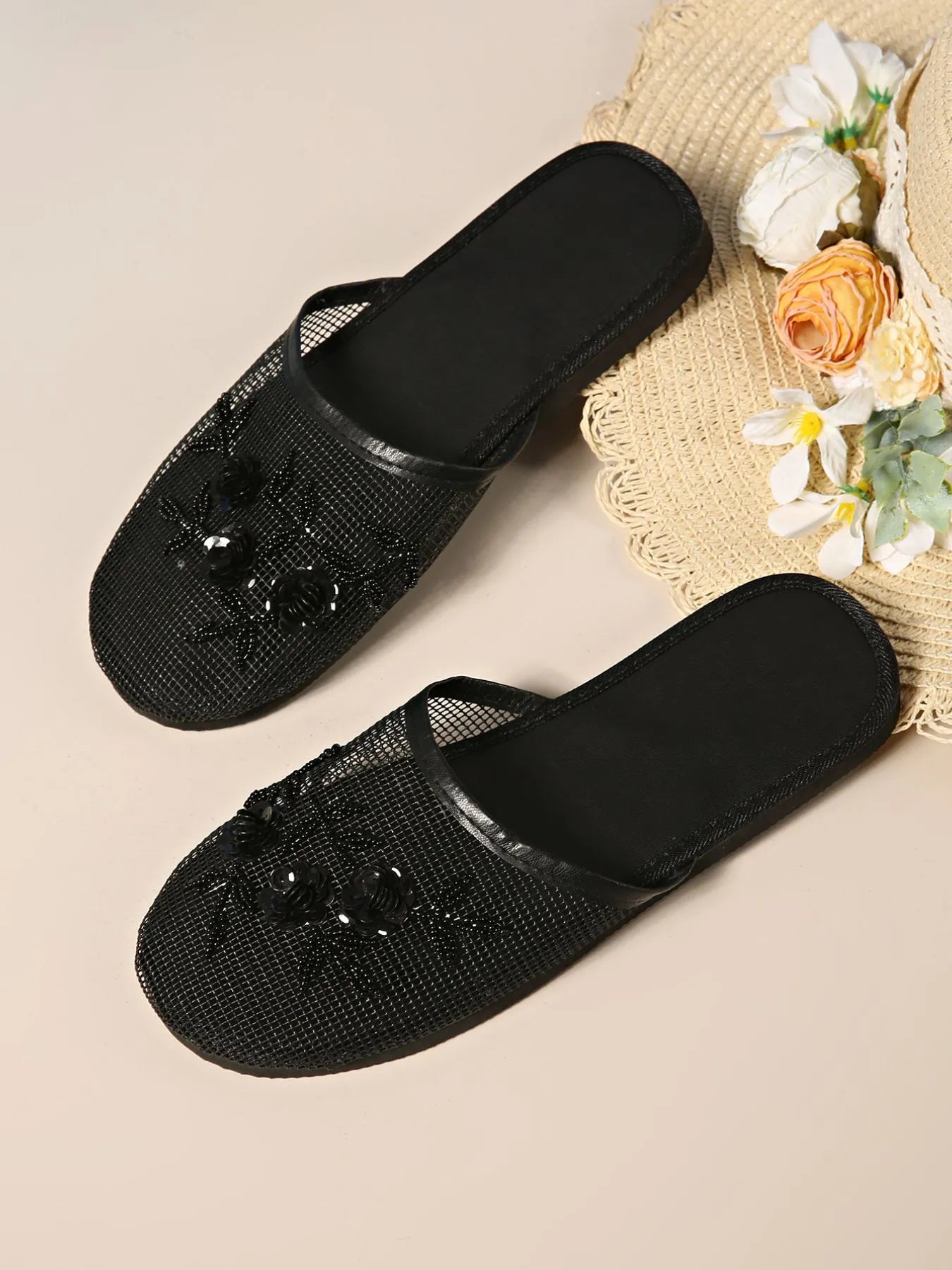 Mesh Floral Embroidered Slide Sandals - The Nicole - Tayan Dress Co.