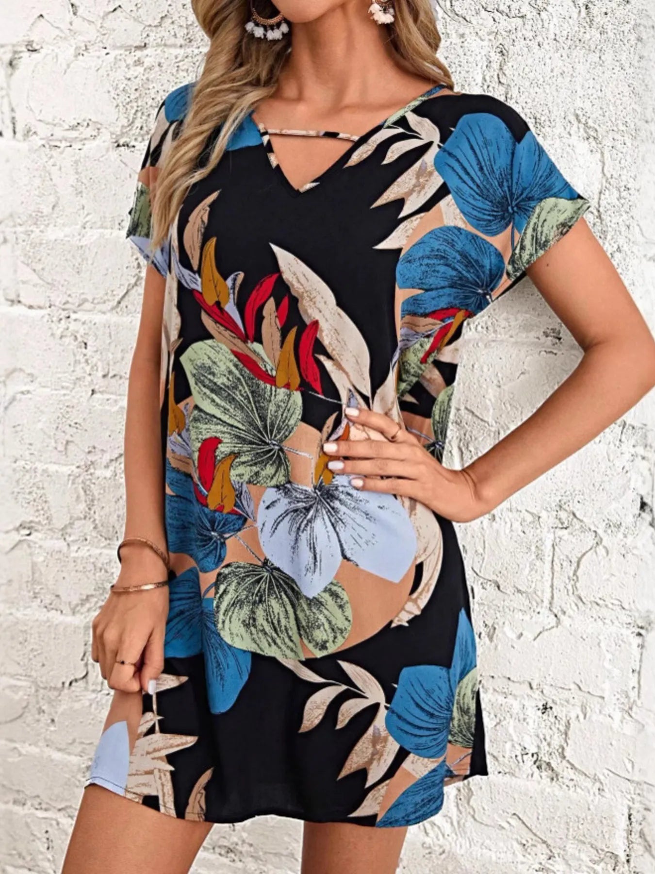 Printed V - Neck Short Sleeve Mini Dress - TNT Dress Co.
