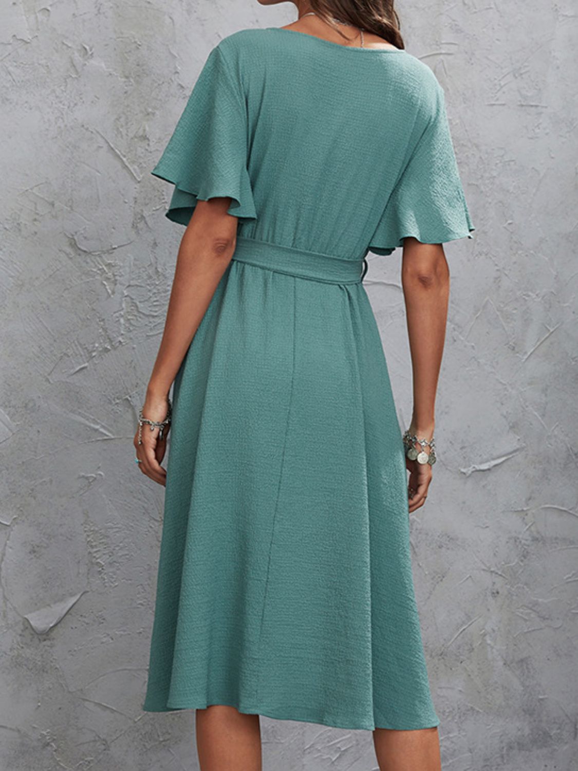 V-Neck Flutter Sleeve Midi Dress - TNT Trends 