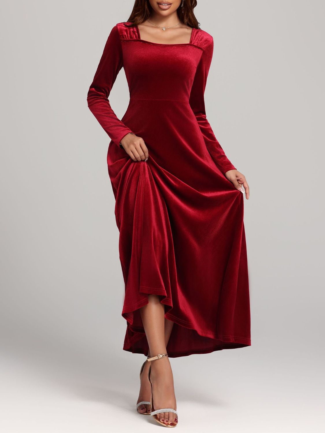 Velvet Square Neck Long Sleeve Dress - TNT Dress Co.